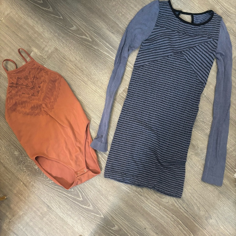 Intimately free people nwt rust bodysuit and blue/black striped bodycon dress
